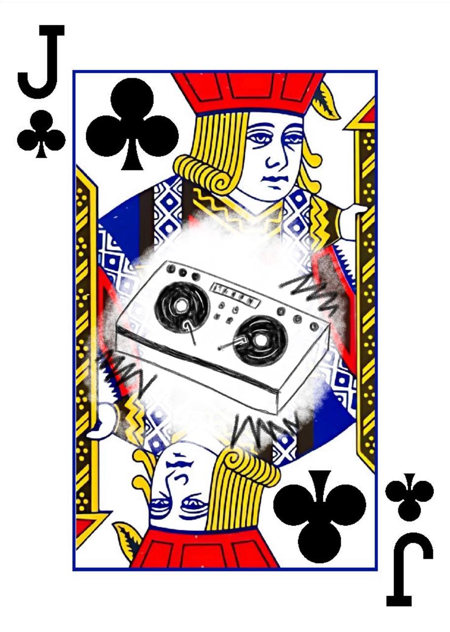 Jack of clubs card featuring a two-deck DJ controller